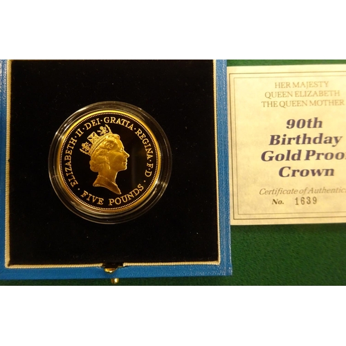 75 - H.M. Queen Elizabeth, the Queen Mother Gold proof crown commemorating Her Majesty's 90th Birthday 19... 