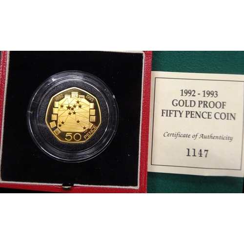 76 - Elizabeth II Gold proof Fifty Pence coin 1992-1993, one of a limited run of 2,500 struck in 22ct wit... 