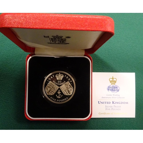 84 - Elizabeth II Silver proof Five Pounds coin 1997, commemorating the Golden Wedding of Queen Elizabeth... 