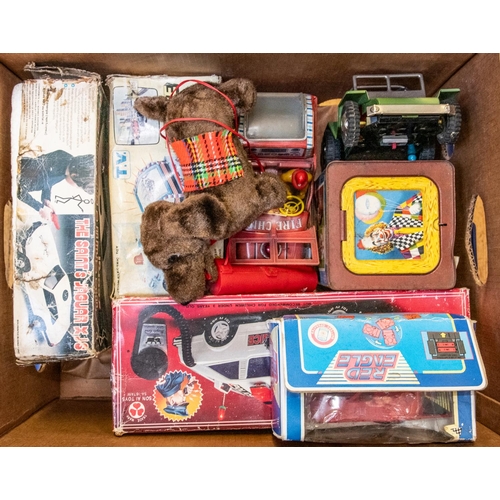 108 - Quantity of Mainly Tin Plate and Plastic toys,Boxed and loose, To include, Corgi Saints Jaguar, soni... 