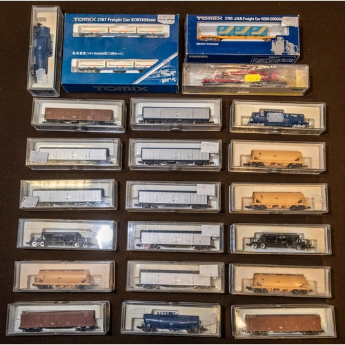 16 - A quantity of 'N' gauge Freight Rolling Stock by KATO, Tomix and Trix. 3x Bogie Tank Wagons. 9x Bogi... 