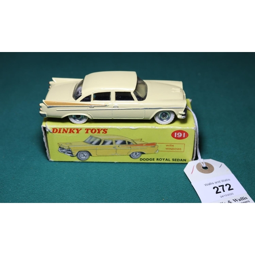 272 - Dinky Toys Dodge Royal Sedan (191). An example in cream with tan rear flash, with spun wheels and wh... 