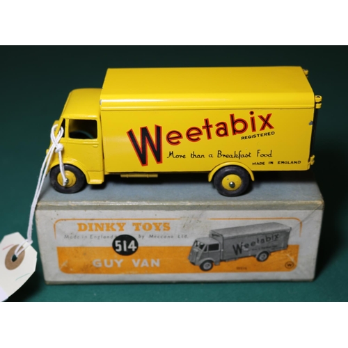 295 - Dinky Supertoys Guy Van 'Weetabix' (514). In yellow livery, with yellow ridged wheels, black tyres, ... 