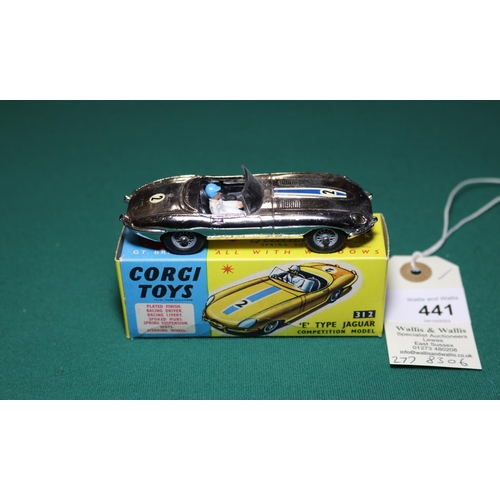 441 - Corgi Toys 'E' Type Jaguar Competition Model (312). Chrome plated finish example, with black interio... 