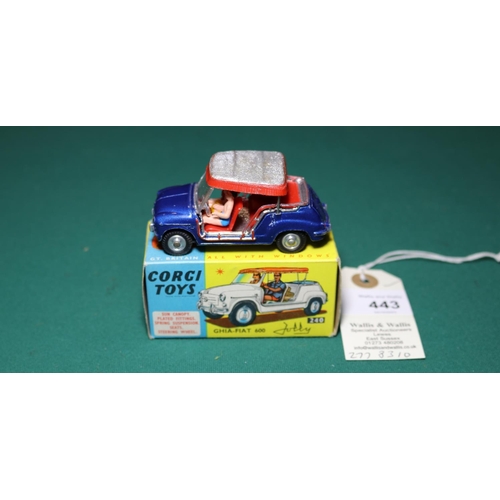 443 - Corgi Toys Ghia-Fiat 600 Jolly (240). An example in dark metallic blue with red interior, red fringe... 