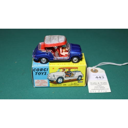 443 - Corgi Toys Ghia-Fiat 600 Jolly (240). An example in dark metallic blue with red interior, red fringe... 