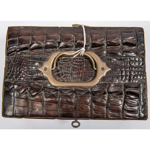 73 - Antique Crocodile skin Jewellery box with removable inner tray, Also comes with its key. Has the ori... 