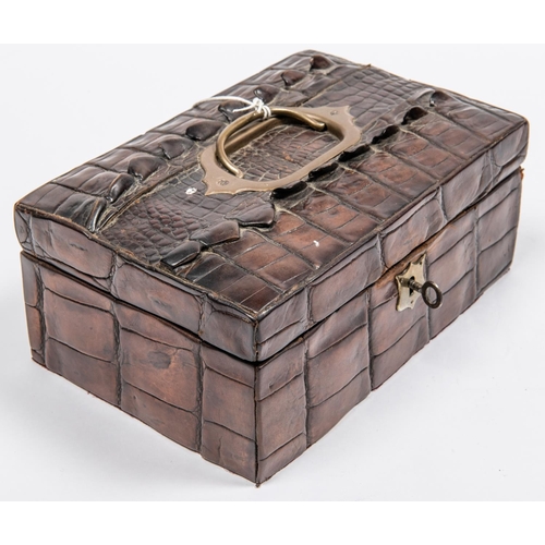 73 - Antique Crocodile skin Jewellery box with removable inner tray, Also comes with its key. Has the ori... 