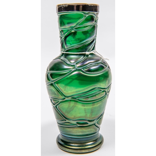 75 - Loetz Glass vase with unmarked white metal rim. Lovely  Emarald green colour with iridescent look. N... 