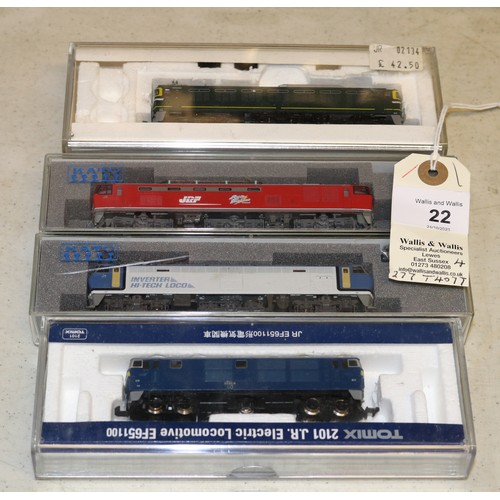 22 - 4 Japanese produced 'N' gauge Locomotives. KATO: 2x Bo-Bo-Bo Electric Locomotives. One in Inverter H... 