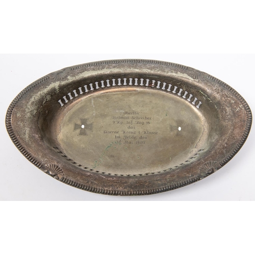 101 - A Third Reich WM oval galleried mess tray, inscribed with presentation inscription. GC £150-175