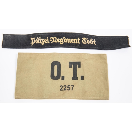 148 - A Third Reich cuff title, Polizei Regiment Todt, also a printed khaki armband 
