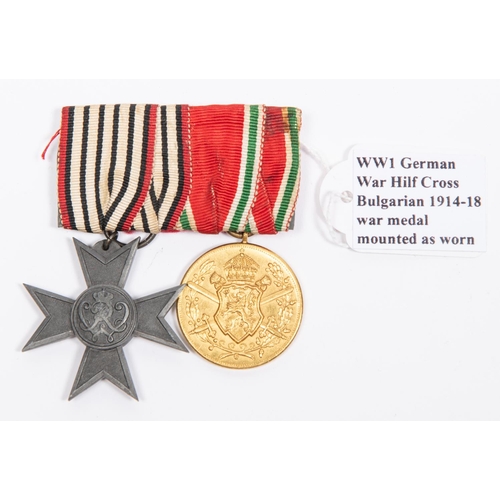 134 - WWI medal pair: Prussian Kriegshilfe cross, and Bulgarian 1914-18 gilt war medal, mounted on bar as ... 