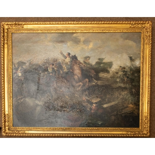 18 - A vivid oil on canvas of a cavalry skirmish  during the Waterloo campaign, the reverse canvas marked... 