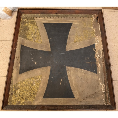 107 - A WWI Maltese Cross wood panel presumably removed from an Imperial German aircraft, mounted in a woo... 