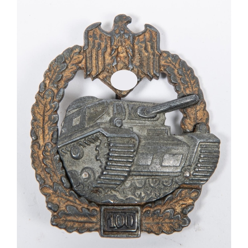 125 - A Third Reich Tank Assault badge, 100 actions, gilt and grey metal finish, hollow back. GC £2000-210... 