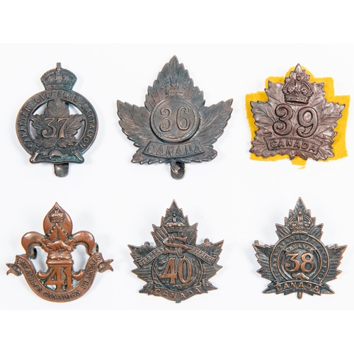 264 - 6 WWI CEF Infantry cap badges: 36th (slider), 37th by Tiptaft (slider), 38th by Inglis, 39th, 40th ,... 