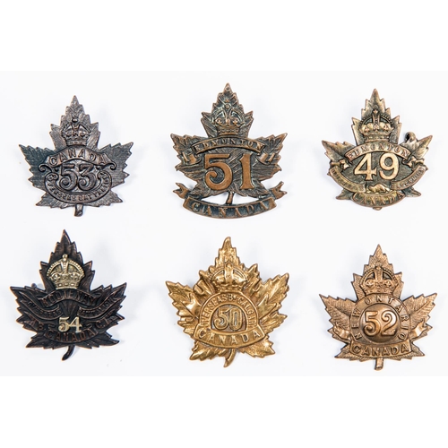 266 - 6 WWI CEF Infantry cap badges: 49th by Inglis, 50th, 51st by Service Supply, 52nd, 53rd, and 54th of... 