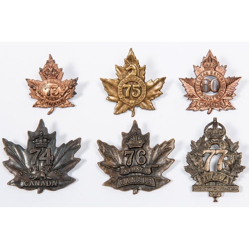 270 - 6 WWI CEF Infantry cap badges: 73rd, 74th by Tiptaft, 75th, 76th by Tiptaft (maker's name partly era... 