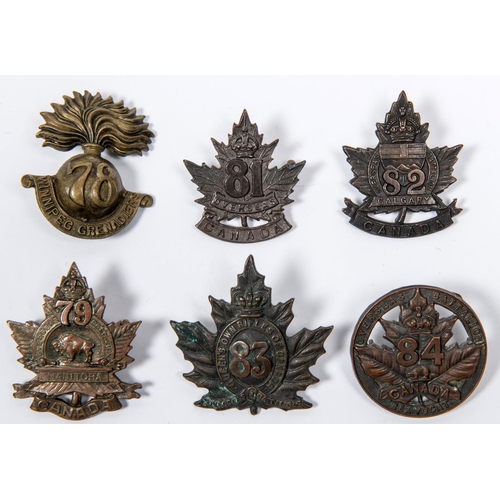 271 - 6 WWI CEF Infantry cap badges: 78th, 79th, 81st, 82nd, 83rd by Ellis Bros, and 84th with flat lugs. ... 