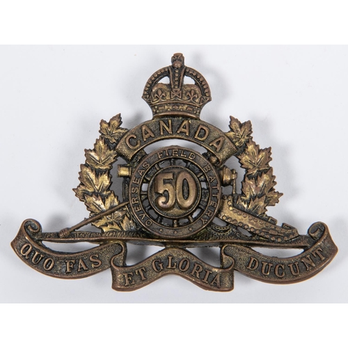 274 - WWI Canadian CEF 50th Overseas Field Battery Canadian Field Artillery cap badge (Charlton 145-3-50-2... 