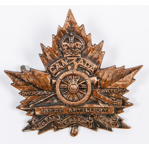 280 - WWI Canadian CEF 3rd Overseas Battery Canadian Siege Artillery cap badge (Charlton 150-1-3A-2). GC £... 