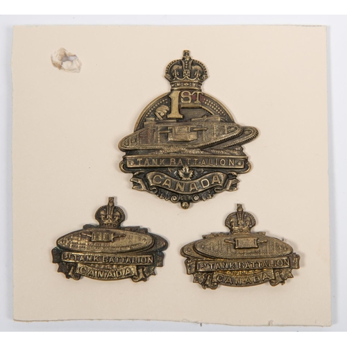 286 - WWI Canadian CEF 1st Tank Battalion brass cap badge (Charlton 75-3-1-2), and matching pair of collar... 