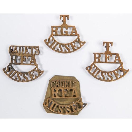 302 - 4 brass shoulder titles: CADETS/RFA/SUSSEX, another, larger size T/RFA/SUSSEX, and T/RGA/SUSSEX. GC ... 