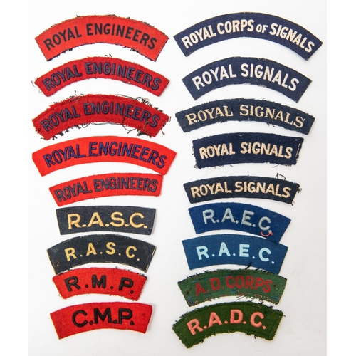 310 - 18 British WWII cloth shoulder titles, including: Engineers, Signals, Military Police, Service Corps... 