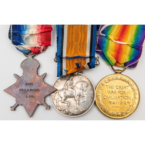 63 - Three: 1914 star with clasp (detached), BWM, Victory (6426 Pte S C Macey, S Gds) VF. Sidney Charles ... 