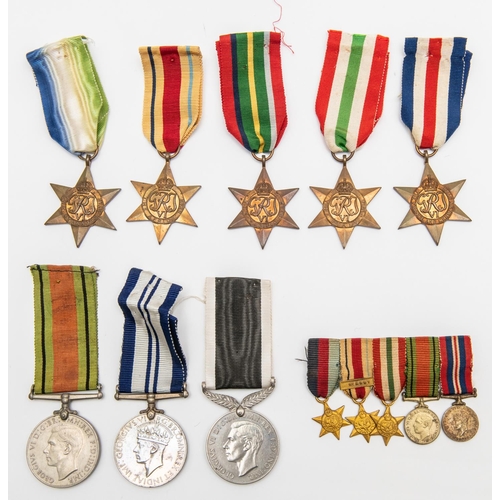 81 - WWII stars: Atlantic, Africa, Pacific, Italy and F&G; Defence medal; India 1939-45 Service medal; Ne... 