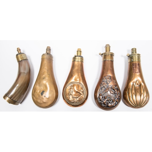 519 - Three embossed copper gun size powder flasks: 