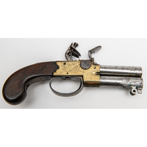 521 - A double barrelled 54 bore over and under tap action flintlock boxlock pistol c 1815, 7¾