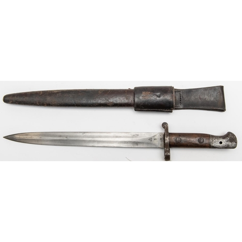 466 - A 1903 pattern sword bayonet, for the SMLE, blade dated 1903; in its leather scabbard with integral ... 