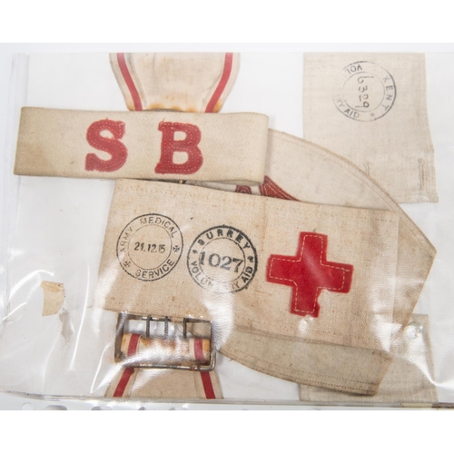 325 - 5 WWI arm bands, stretcher bearers with brass buckle, Surrey Voluntary Aid dated 1915; Kent Voluntar... 