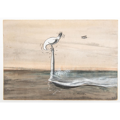 14 - A WWII watercolour on board, showing a seagull perched on the periscope of a submerged U boat peckin... 