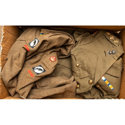 369 - A WWII officer's khaki BD jacket, dated 1940, tailored open lapels; a pair of BD trousers dated 1946... 