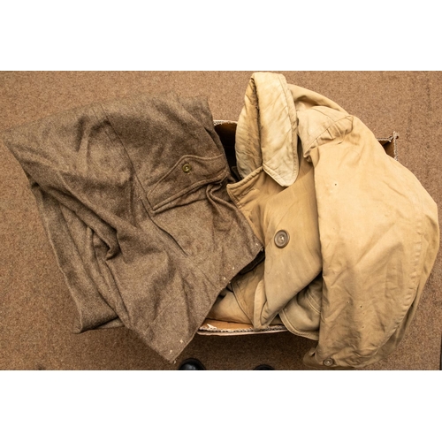 369 - A WWII officer's khaki BD jacket, dated 1940, tailored open lapels; a pair of BD trousers dated 1946... 