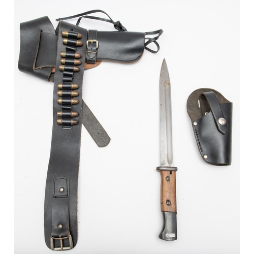 468 - A Belgian Mauser bayonet, no scabbard; a black leather open top holster and belt with dummy cartridg... 