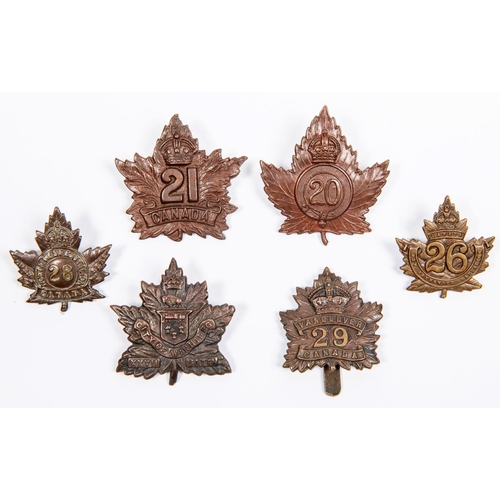 262 - 6 WWI CEF cap badges: 20th, 21st by Tiptaft, 26th, 27th, 28th and 29th by Tiptaft, (slider). GC £70-... 