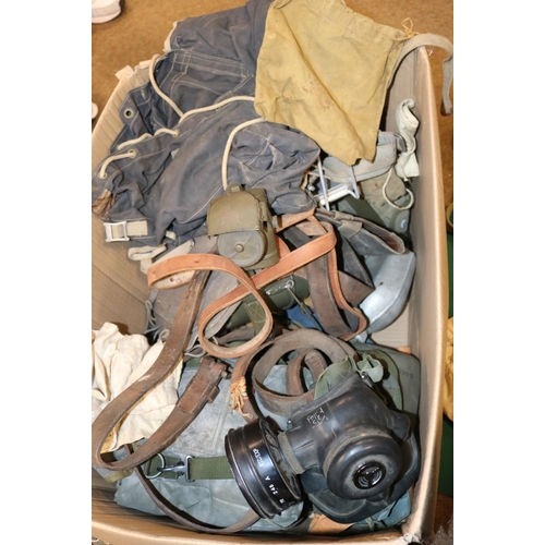 512 - A German field gun sight with  its case, a gas mask tin, a life jacket, 3 water bottles, 2 NBC respi... 