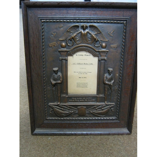 78 - WWI Memorial wall plaque, to Clifford Walter Lilly, mounted in a wooden frame 21½