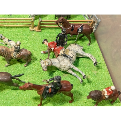 107 - Britains Hunting scene diorama. Bespoke and well made, comprising 8 mounted huntsman, 1 on foot, 12 ... 