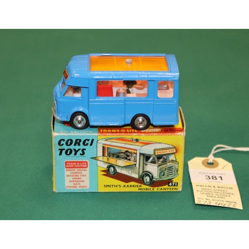 381 - Corgi Toys Smith's-Karrier Mobile Canteen (471). In mid blue livery, with 'Joe's Diner' to opening h... 