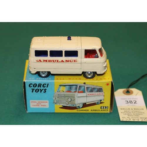 382 - Corgi Toys Commer Ambulance (463). An example in cream with red interior and dark blue windows, AMBU... 