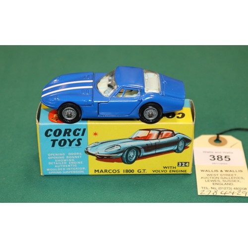 385 - Corgi Toys Marcos 1800 G,T, (324), A harder to find example in blue with white blue stripes to bonne... 