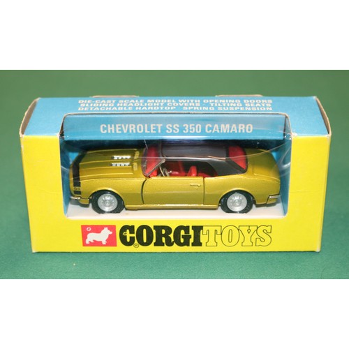 389 - Corgi Toys Chevrolet SS 350 Camaro (338). In metallic yellow gold with red interior, black plastic h... 