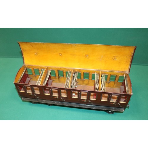 226 - A rare Bing Gauge 3 4 compartment 3rd class bogie passenger coach. 43cm, buffer to buffer. In lined ... 