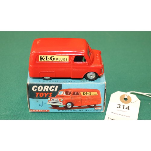 314 - Corgi Toys Mechanical Bedford 12CWT Van 'KLG' Plugs (403M). An example in bright red with 'K.L.G. PL... 