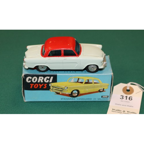 316 - Corgi Toys Standard Vanguard III Saloon (207). An example in pale green with red roof, smooth spun w... 